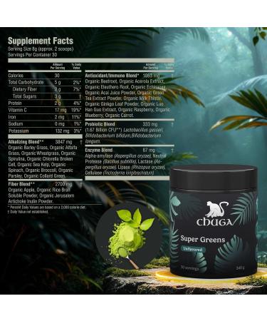 Chuga's Super Greens Powder Organic Superfood Blend with Greens Fruits & Probiotics Boosts Energy Detox and Digestion Vegan Non-GMO Gluten-Free Keto Friendly - 30 Servings - Buy Online on GoSupps.com