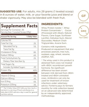 Buy SOLGAR Grass Fed Whey to Go Chocolate 2.3 lb - Non-GMO Gluten Free rBGH Free Protein Powder - 36 Servings - International Shipping Available - Buy Online on GoSupps.com