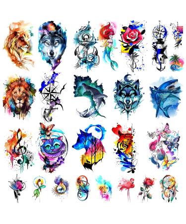 48 Watercolor temporary tattoos for adult and kids Arm tattoo  body tattoo  watercolor lion wolf mermaid cat tiger waterproof temporary tattoos realistic for women girls and kids