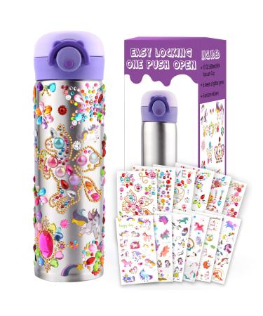 Decorate Your Own Water Bottle Gifts for Girls Age 6-12 Birthday Gifts for Girl Unicorn Sticker & Glitter Gems BPA Free Insulated(Purple)