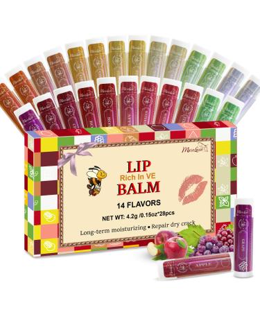 28 Pack Lip Balm Natural Lip Balm Bulk with Vitamin E and Coconut Oil 14 Flavored Lip Balm Set Lip Care Product Moisturizing & Soothing Chapped Lips Bulk Gifts for Women Party Favors