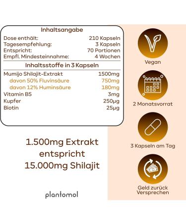 210 Shilajit Capsules - 1500mg Vegan Extract 70 Portions | 50% Fluvic Acid & 12% Humic Acid - Plantomol  - Buy Online on GoSupps.com
