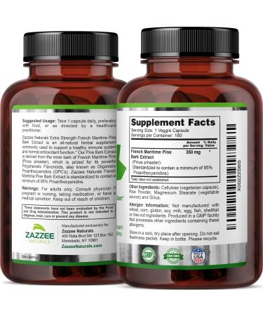 Zazzee Extra Strength French Maritime Pine Bark Extract | 350mg | 180 Vegan Capsules | 95% Proanthocyanidins | 6 Month Supply | Non-GMO - Buy Online on GoSupps.com