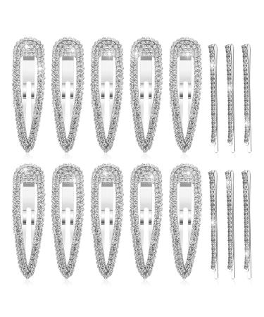 Yolev 16 Pieces Rhinestone Snap Hairpin for Women and Girl  Crystal Snap Hair Barrettes  Wedding Rhinestone Hair Clips  Water Drop Hairpins One-word Hairpin Headwear Hair Accessories 16PCS Silver