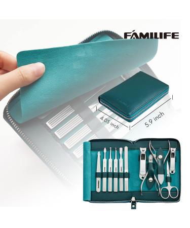 Familife Professional Manicure Set - Stainless Steel Nail Clippers & Grooming Kit | Peacock Blue Leather Travel Case - Perfect Gift for Men & Women - Buy Online on GoSupps.com