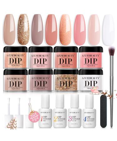 AZUREBEAUTY 17Pcs Dip Powder Nail Kit Starter Nude Skin Tones Champagne Glitter Pink Neutral Acrylic Dipping Powder Liquid Set with Base/Top Coat for French Nail Art Manicure Beginner Party Gift 1-Nude