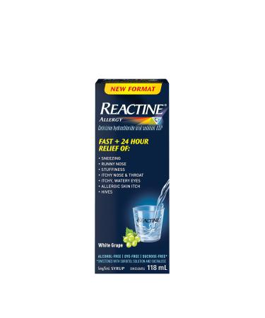 Reactine Liquid Allergy Medicine - For Itchy Eyes Hives Runny Nose - 24 Hour Allergy Relief - White Grape Flavour 118 mL 118 ml (Pack of 1)