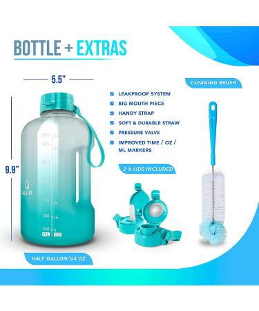 Half Gallon 64oz Water Bottle with Times to Drink | Motivational Sports Jug with Straw | Teal Fade Design - Buy Online on GoSupps.com