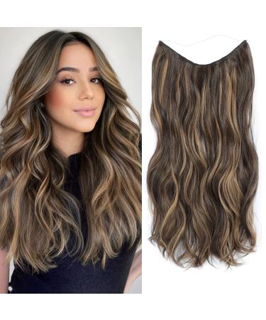 Honey Brown Hair Extensions with Adjustable Size Removable Clips 20inch Secret Invisible Hair extension Synthetic Curly Hair Pieces for Women 20 Inch Honey Brown with Highlights