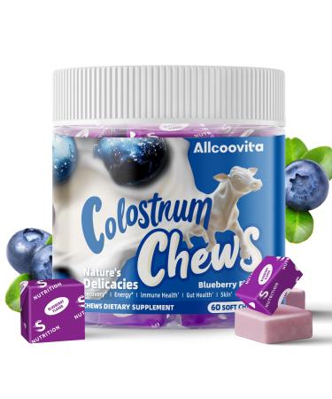 Bovine Colostrum Chews Supplement with probiotics for Gut Health Bloating Immune Support Skin Hair Growth and Beauty - Blueberry Flavor (60 Servings)
