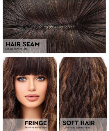 WOKESTAR Brown Curly Wavy Bob Wig with Neat Fringe and Highlights - Synthetic Wigs for Women - Buy Online on GoSupps.com