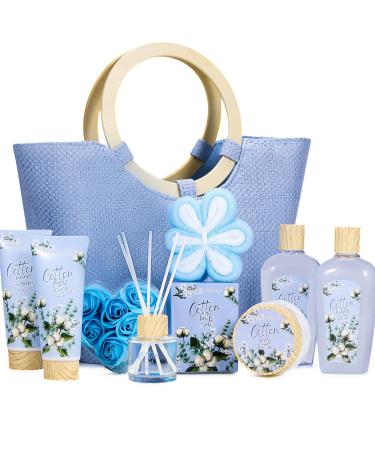 Spa Gift Set for Women 10pcs Cotton Scent Gift Box in Exquisite Tote Bag, Shower Gel, Bath Salt, Reed Diffuser, Best Gift Basket for Women's Valentine Christmas, Birthday Gift Basket for Her