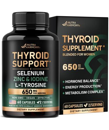 Thyroid Support for Women - Selenium 200 mcg | Astragalus | Zinc & Iodine | L-Tyrosine | Adaptogen Herbs - 21-in-1 Antioxidant & Immune Support - Made in USA - Vegan Non-GMO Lab Tested - 60 Capsules 60 Count (Pack of 1)