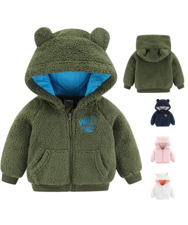 Newborn Infant Baby Boys Girls Cartoon Fleece Hooded Jacket Coat with Ears Warm Todder Kids Outwear Coat Zipper Up 0-6Y 6-9 Months Green