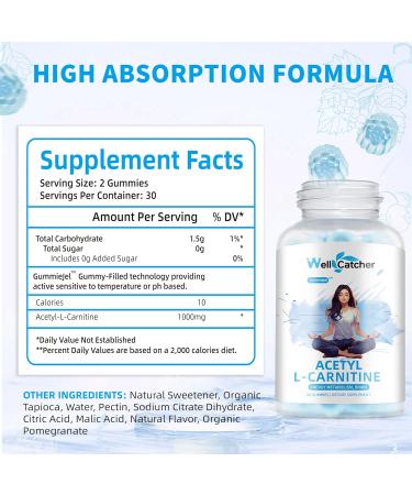 Acetyl L-Carnitine Gummies 1000 MG - Vegan Sugar-Free Supplement for Muscle Endurance Brain Health & Energy - Blueberry Flavor - 60 Count - Buy Online on GoSupps.com