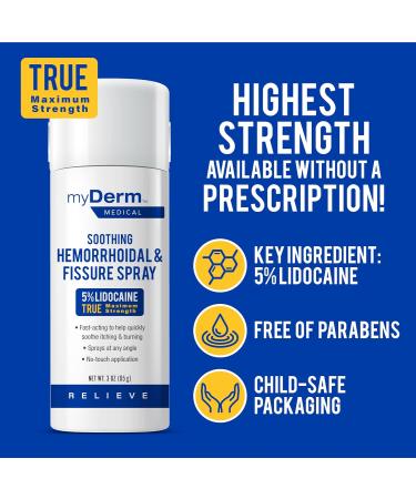 Myderm Medical Soothing Hemorrhoidal & Fissure Spray 3oz - Maximum Strength 5% Lidocaine with Phenylephrine HCl - Fast-Acting Pain Relief Spray for Hemorrhoids - Made in USA - Buy Online on GoSupps.com