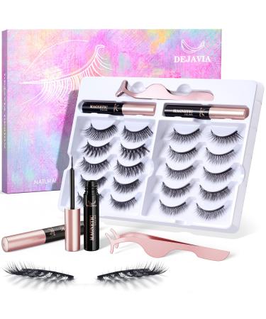 DEJAVIA Magnetic Lashes 10 Pairs, Premium Natural Looking Magnetic Eyelashes with Eyeliner Kit,Reusable Lightweight Wispy Strong Magnetic Eyelashes with Applicator and Tweezers, No Glue Needed