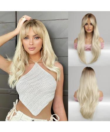 Honybia wig platinum blonde with pony - light blonde wigs for women ombre Long wavy women natural realistic synthetic heat -resistant hair for carnival/costumes/theme party Langes Kraus Platinblond