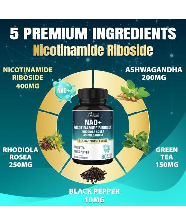 Organic Cadane Nicotinamide Riboside Supplement | with Rhodiola Rosea Ashwagandha Green Tea & More | Cellular Health & Vitality Support | Vegan Non-GMO 60 Capsules - Buy Online on GoSupps.com