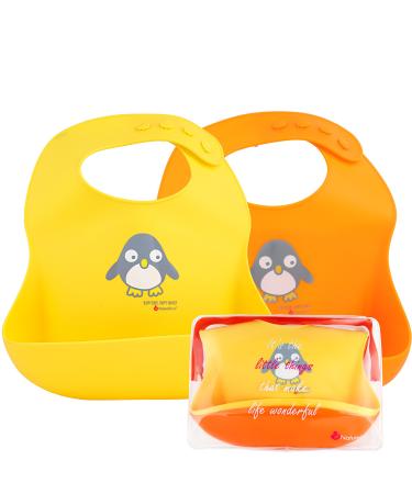NatureBond Waterproof Baby Bibs Silicone Weaning Bibs for Babies & Toddlers Set of 2 w/Carry Pouch | Comfortable Soft 4 buttons Bib (Lemonade Yellow & Tangerine Orange)