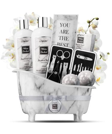 Spa Gifts for Women Bath and Body Gift Set White Orchid Self Care Gift Basket for Women Men Girlfriend Gifts for Mom Spa Kit with Nail Kit Bath Bombs & More Birthday Personalized Gifts