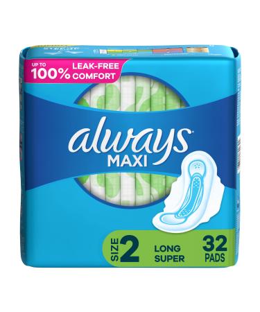Always Maxi Feminine Pads For Women Size 2 Long Super Absorbency With Wings Unscented 32 Count 32 Count (Pack of 1)