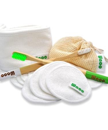 Washable and reusable organic bamboo fiber makeup remover cotton - kit consisting of 12 pcs + 1 mesh washing bag + 2 toothbrushes + 1 cotton headband to remove your makeup