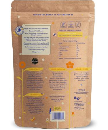 BONRAW Organic Demerara Sugar Granulated Natural Unrefined Cane Sugar Brown Vegan - 1kg - Buy Online on GoSupps.com