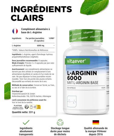L-Arginine - 365 capsules - 6000 mg de L-arginine pure par dose journali re - Fabriqu par fermentation v g tale - Hautement dos - Sans additifs - Vegan - Buy Online on GoSupps.com