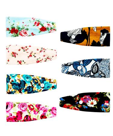 SHUNMEILO 7pcs Mask Headbands with Button for Face Masks Turban Yoga Head Wraps Hair Band for Women Teen Girls with Buttons Headwraps Hair Bands Workout Outdoor Vintage Floral (a)