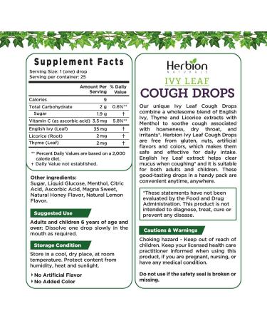 Herbion Naturals Ivy Leaf Cough Drops - Honey Lemon Flavor | Soothes Cough for Adults & Children Over 6 | 25 Drops - Buy Online on GoSupps.com
