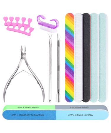 MELLIEX Nail File and Buffer, Manicure Kit Cuticle Trimmer Nippers Pusher with Nail Brush Toe Separator Nail Care Set for Natural Acrylic Nails, 12-Pack(Multi-Colored) Pack of 12