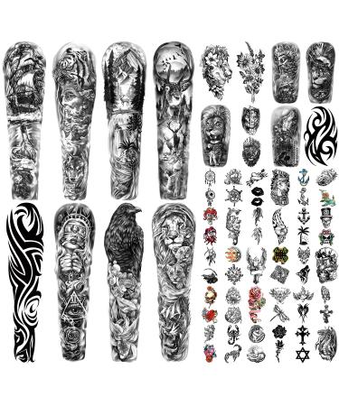 SOOVSY 46 Sheets Full Arm Temporary Tattoo for Men with Lion Deer Eagle Flame Totem Boat Flower, Half Arm Temporary Tattoo for Women with Wolf Lion Flame Totem Daisy, Fake Tattoos Aldult Color-2