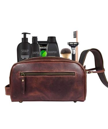 Premium Leather Toiletry Travel Pouch | Waterproof Lining | King-Size Vintage Dopp Kit by Aaron Leather Goods - Dark Brown - Buy Online on GoSupps.com
