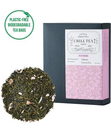 Sakura Green Tea (30 Tea Bags) - Cherry Blossom Tea by CHILL TEA Tokyo - Plastic-Free Plant-Based Tea Bag - Fruity Floral Flavour - Buy Online on GoSupps.com