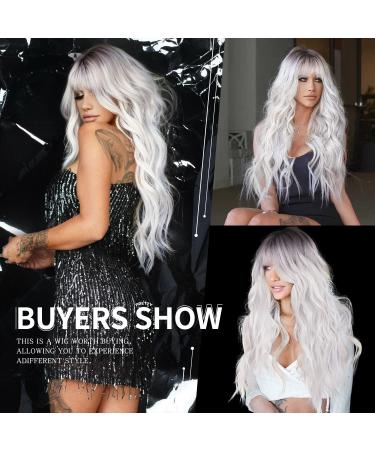 ORSUNCER Ombre White Long Wavy Wig with Bangs | 26 Platinum Blonde Synthetic Heat Resistant Hair Wig for Women | Natural Look for Daily & Party Wear - Buy Online on GoSupps.com