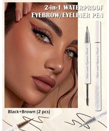 Eyebrow Pencil Tinted Brow Gel 2-in-1 Black Brown Liquid Brow Glue & Microblading Eyebrow Eyeliner Pen Fast Sculpt Fill in Eyebrows Long Lasting Waterproof Makeup Pen Eyebrow Filler for Women-01+02 Black+brown - Buy Online on GoSupps.com
