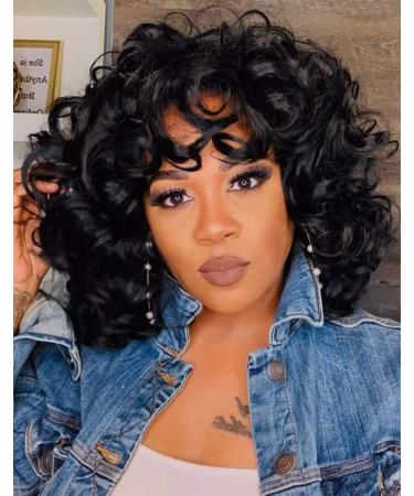 KEAT Wigs for Black Women 14 Short Curly Kinky Wig with Bangs Black Big Curly Afro Wigs for African American Cute Natural Synthtic Soft Wigs for Daily Party K001BK