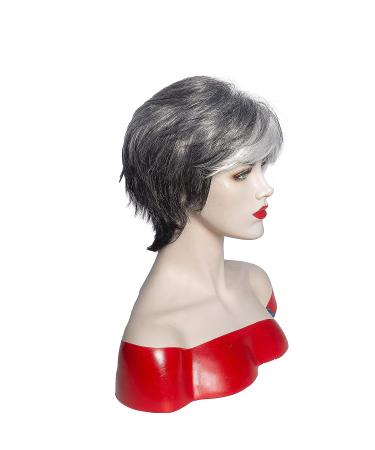 RENERSHOW Short Grey Pixie Cut Wig for Women | Layered Synthetic Hair Mixed Gray with White Bangs | Natural Wavy Old Lady Wig - Buy Online on GoSupps.com