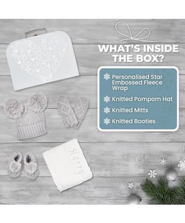 Personalised Baby Shower Gift Set | Newborn Winter Clothes & Accessories - Customised Grey | Baby Knitted Booties, Hat, Gloves, Fleece Blanket | Newborn Essentials - Buy Online on GoSupps.com