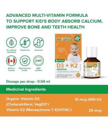 KidzVita - Organic Vegan Vitamin D3 & K2 Drops 400 IU - Support Healthy Bone Teeth and Immunity - Children s Multivitamin For 1 to 8 Years Old 3.6 ML 90 Servings - Buy Online on GoSupps.com