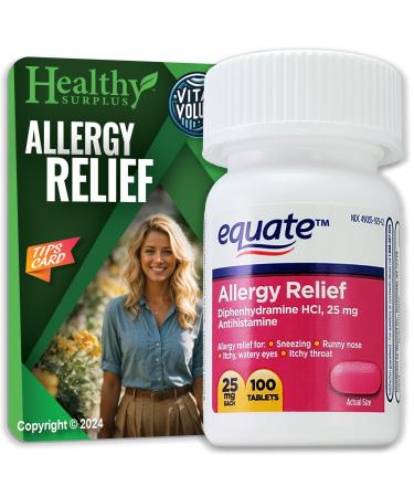 Equate Allergy Relief Diphenhydramine HCL 25 mg 100 Tablets and Vital Volumes Allergy Tips Card | Bundle