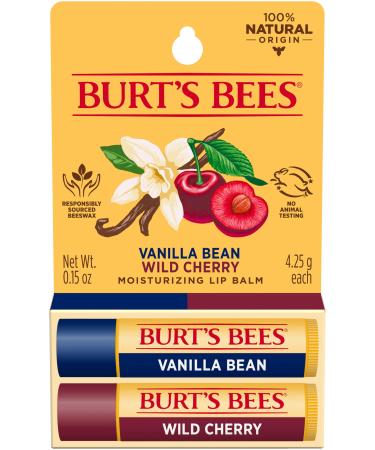 Burt's Bees 100% Natural Lip Balm Wild Cherry and Vanilla Bean Blister Box 0.3 Ounce 2 Count Cranberry 0.15 Ounce (Pack of 2)