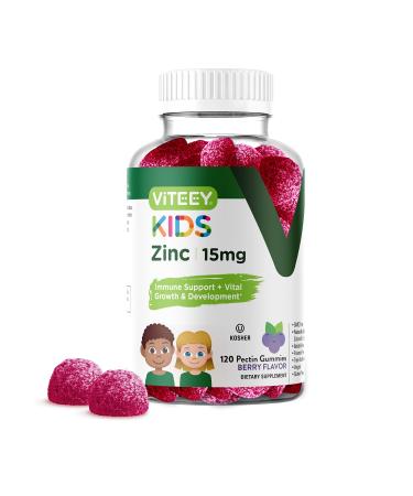 Zinc Gummies for Kids 15mg - Immune Support Booster - Formulated for Kids - Powerful Natural Antioxidant Zinc Vitamin Supplement - Gluten Free Gelatin Free GMO Free - Chewable Berry Flavor Gummy 120 Count (Pack of 1)