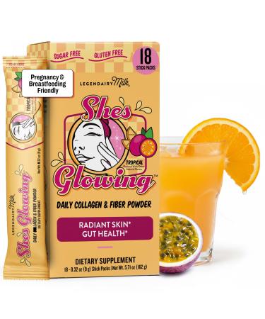Legendairy Milk Collagen Peptides Powder & Prebiotic Fiber for Women Digestive Health Drink Mix Skin Cellulite Fine Lines & Regularity Tropical Flavor Supplement She s Glowing 18 Stick Packs