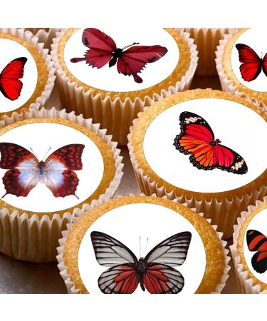 24 edible butterfly butterflie red childrens party decorations Iced/Icing Cupcake Topper Edible Fairy Cake Bun Toppers Round