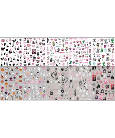 Pink Halloween Nail Stickers 10 Sheets Self-Adhesive Nail Decal Ghost Skull Witch Spider Pumpkin Nail Art Decoration Design Supplies - Buy Online on GoSupps.com
