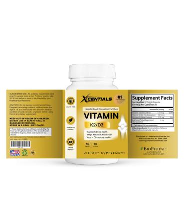 Xcentials Vitamin D3 K2 Supplement | Bone Heart & Immune Support | High Absorption Non-GMO Gluten-Free | 60 Vegan Capsules