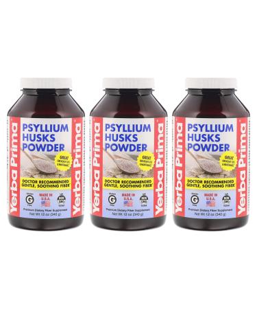 Yerba Prima Psyllium Husks Powder - 12 oz (Pack of 3) - Natural Fiber Supplement - Colon Cleansing - Vegan, Non-GMO, Gluten-Free (New Label - Packaging May Vary)