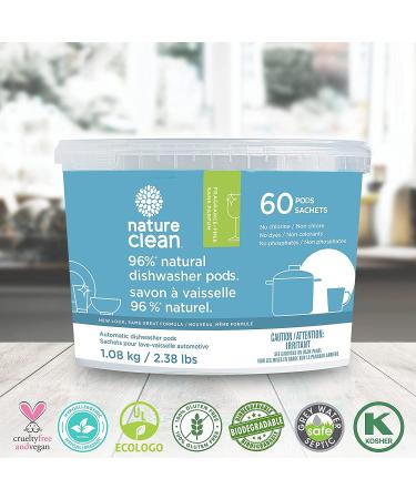 Nature Clean Natural Dishwasher Pods 60 Count - High Performance Detergent with 96% Plant-Based Ingredients - Spot & Residue-Free, Chlorine-Free, Unscented - 60 Pacs/816g - Buy Online on GoSupps.com